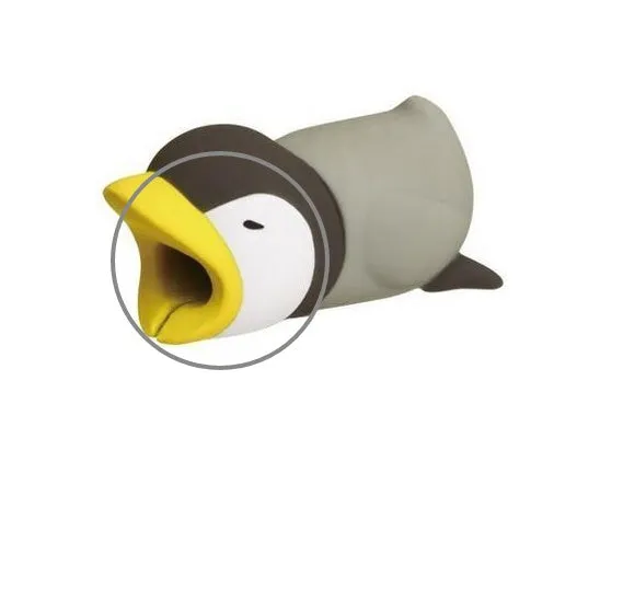 iPhone cable protector in an animal design, showing sleeve placed on charging cable near connector.