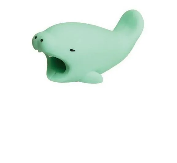 iPhone cable protector in an animal design, showing sleeve placed on charging cable near connector.
