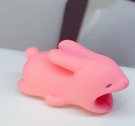 iPhone cable protector in an animal design, showing sleeve placed on charging cable near connector.
