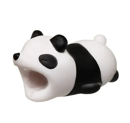 iPhone cable protector in an animal design, showing sleeve placed on charging cable near connector.