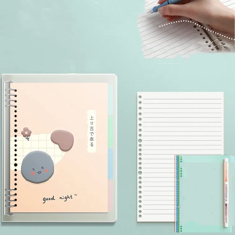 B5 hardcover detachable notebook open showing colour pages and binding system