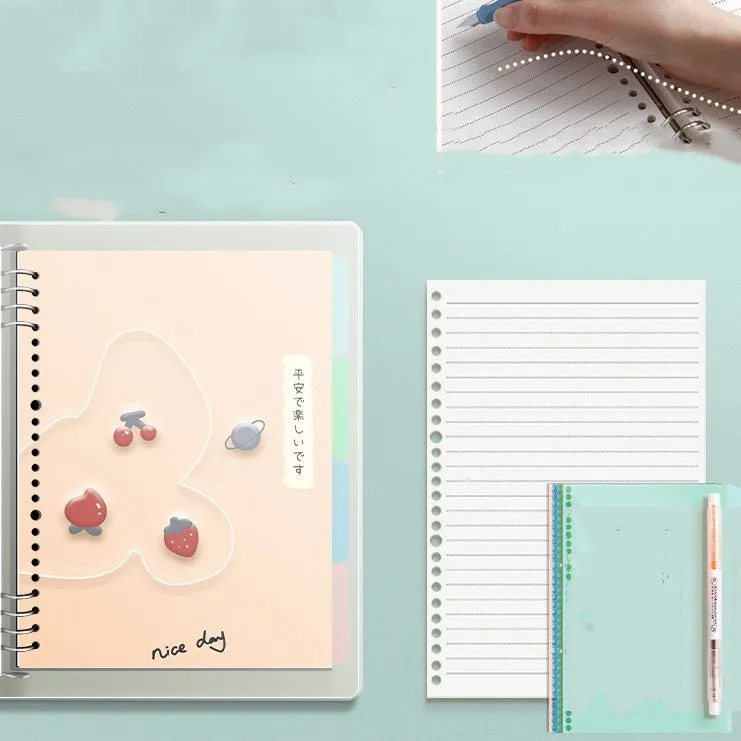 B5 hardcover detachable notebook open showing colour pages and binding system