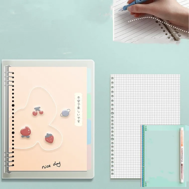 B5 hardcover detachable notebook open showing colour pages and binding system