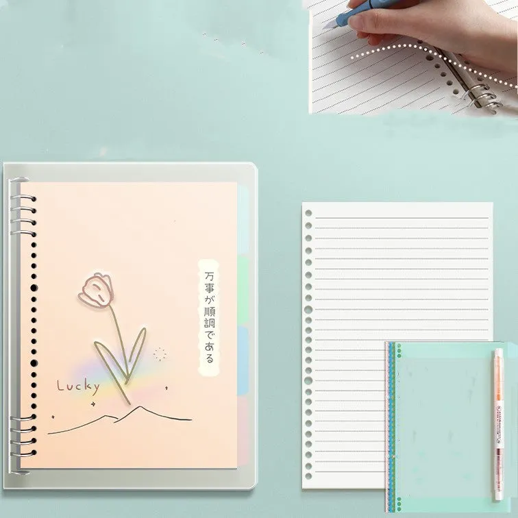 B5 hardcover detachable notebook open showing colour pages and binding system