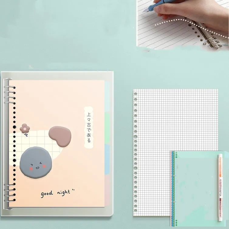 B5 hardcover detachable notebook open showing colour pages and binding system