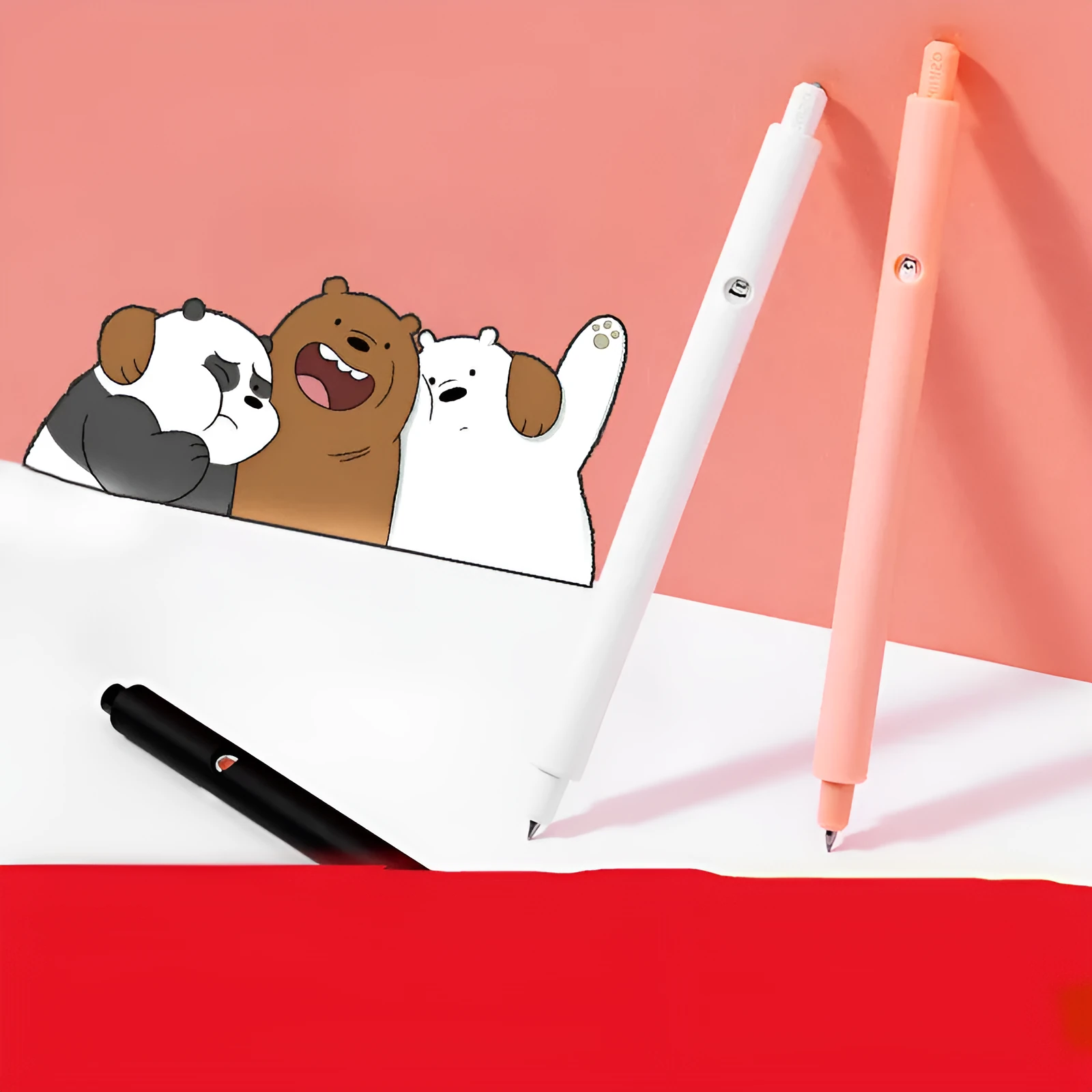 MINISO Bare Bear cartoon press gel pen in black, pink, or white with 0.5mm black refill.