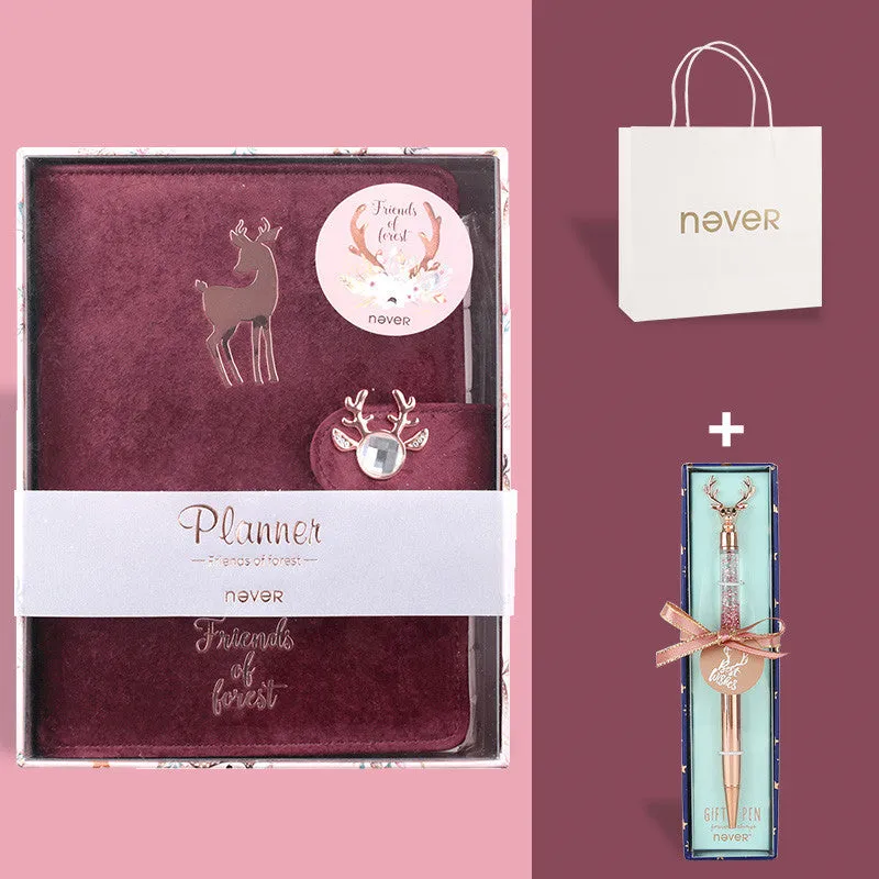A6 loose-leaf notebook with cloth cover in velvet colours featuring binder binding and decorative accessories
