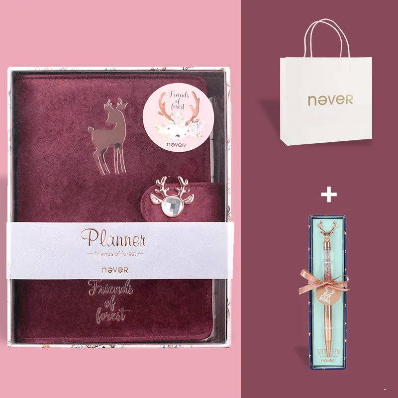 A6 loose-leaf notebook with cloth cover in velvet colours featuring binder binding and decorative accessories