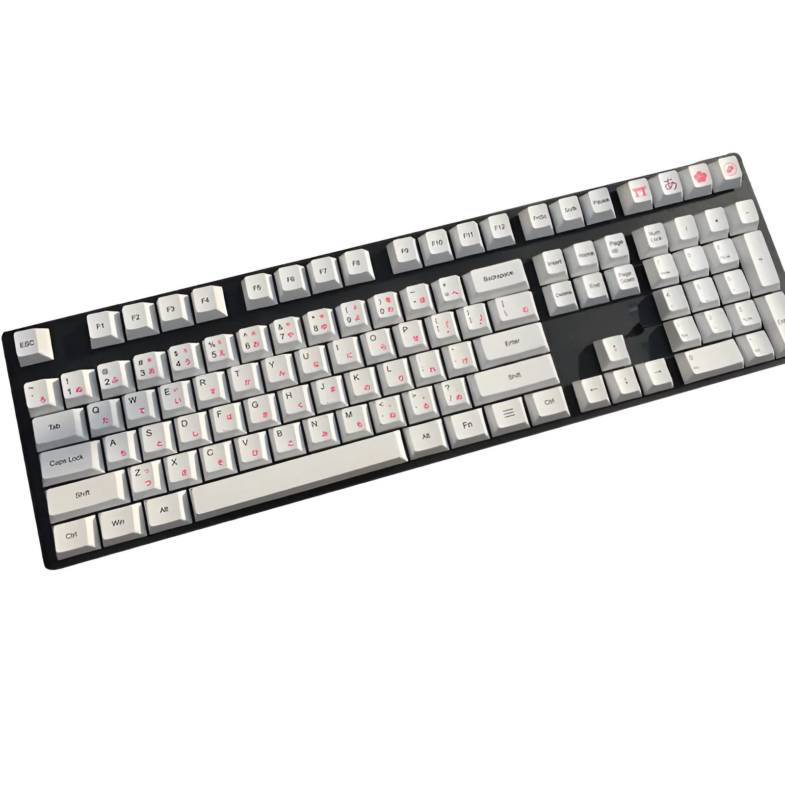 PBT sublimation keycap set showing Japanese, Russian, and Korean characters on mechanical keyboard keys