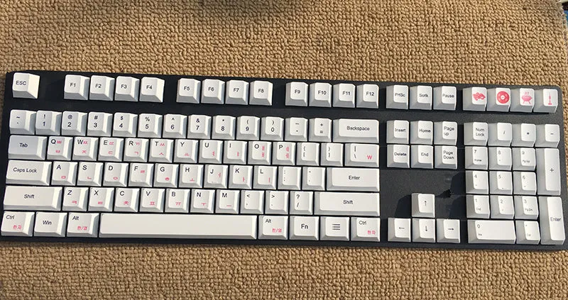 PBT sublimation keycap set showing Japanese, Russian, and Korean characters on mechanical keyboard keys