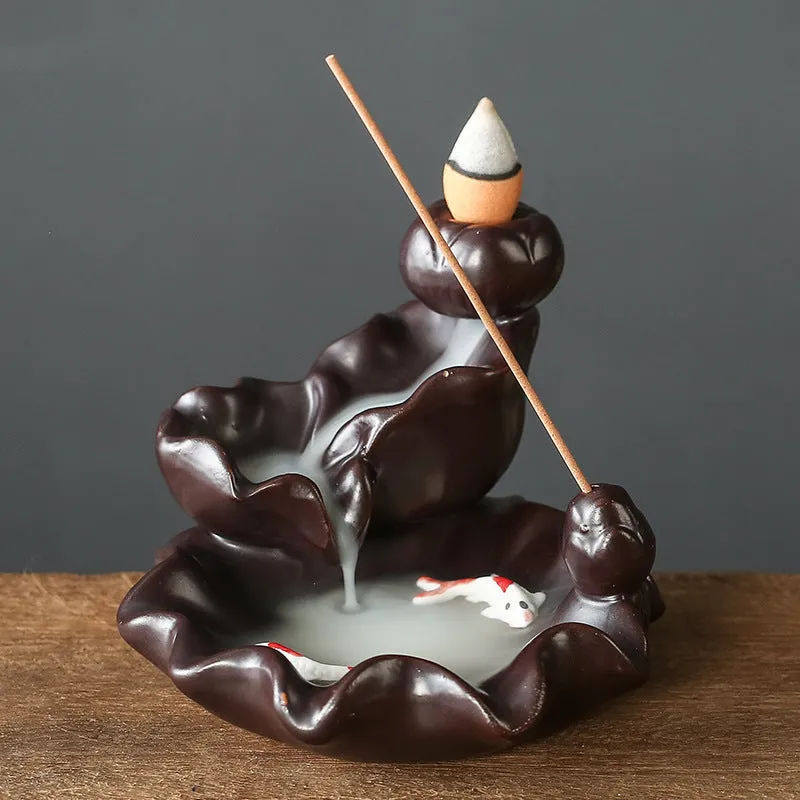 Ceramic backflow incense burner with detailed tree design in green, mangrove, pink, or white colour options