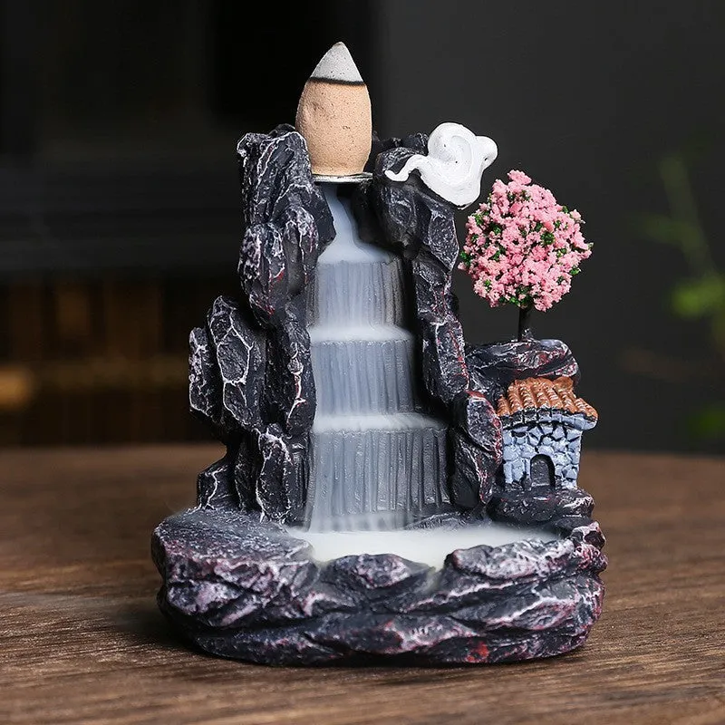 Ceramic backflow incense burner with detailed tree design in green, mangrove, pink, or white colour options