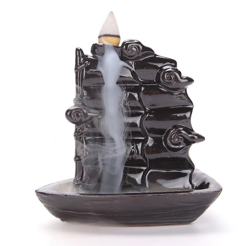 Ceramic backflow incense burner with detailed tree design in green, mangrove, pink, or white colour options