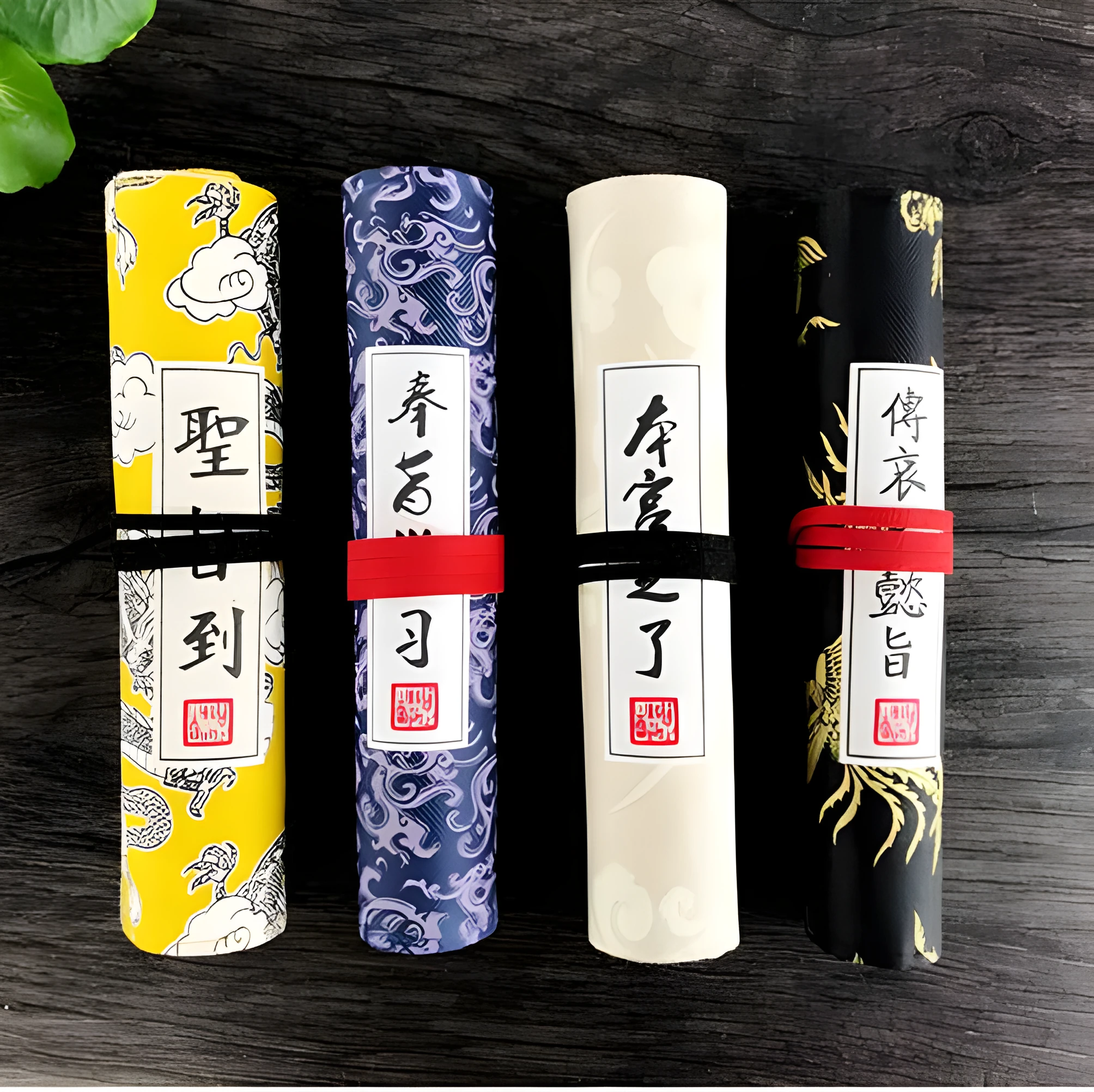 Oxford cloth court style pencil case in black, blue, light yellow, or yellow, showing 28.5mm by 200mm size
