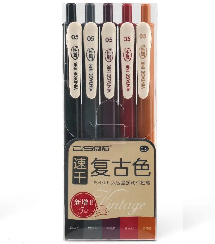 Set of 60 retro colour gel pens with 0.5mm tips displayed in assorted colours including bamboo charcoal grey and burgundy red.