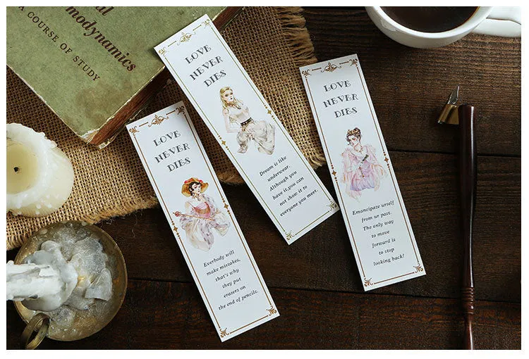 Pack of 30 white cardboard art bookmarks with designs including flowers and patterns, next to their plastic carton.