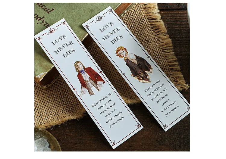 Pack of 30 white cardboard art bookmarks with designs including flowers and patterns, next to their plastic carton.