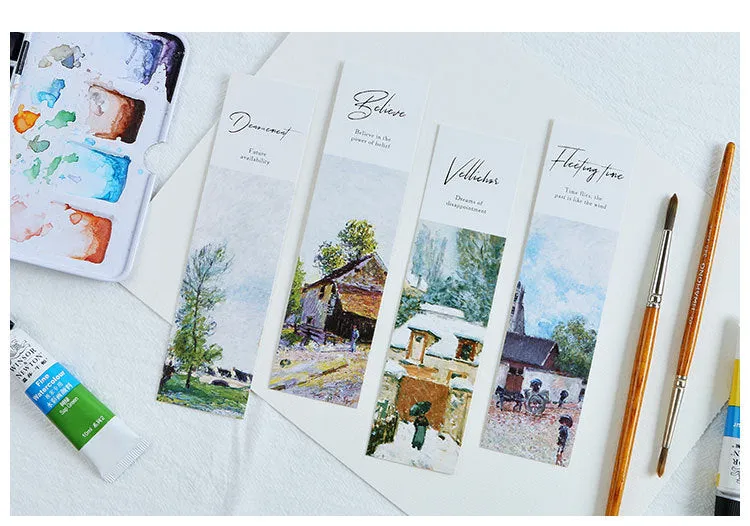 Pack of 30 white cardboard art bookmarks with designs including flowers and patterns, next to their plastic carton.