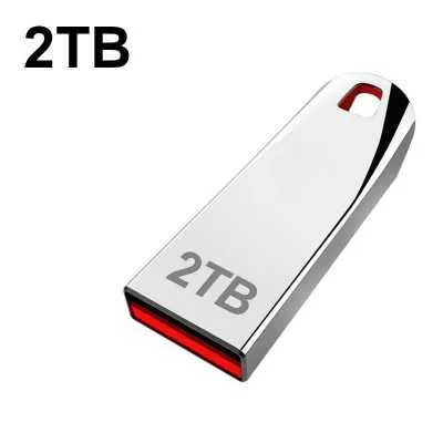 Silver metal USB flash drive with large capacity up to 2TB shown on a dark background