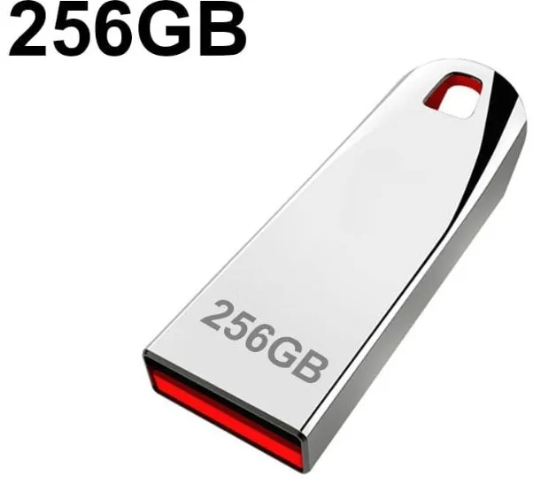 Silver metal USB flash drive with large capacity up to 2TB shown on a dark background