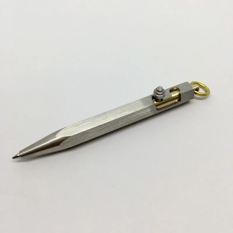 Six-sided stainless steel brass push pen with keychain attachment shown in assorted colours