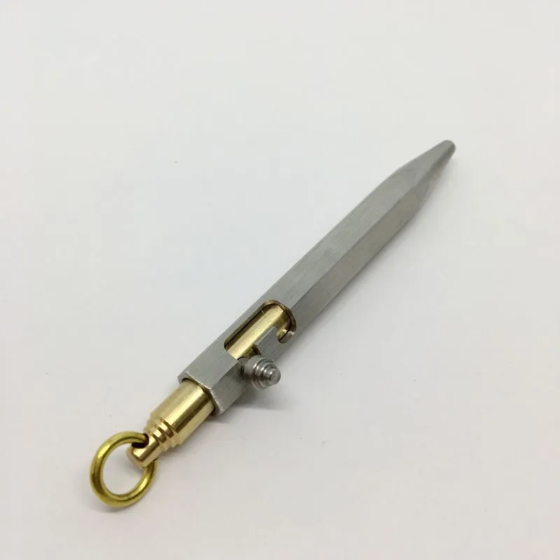 Six-sided stainless steel brass push pen with keychain attachment shown in assorted colours