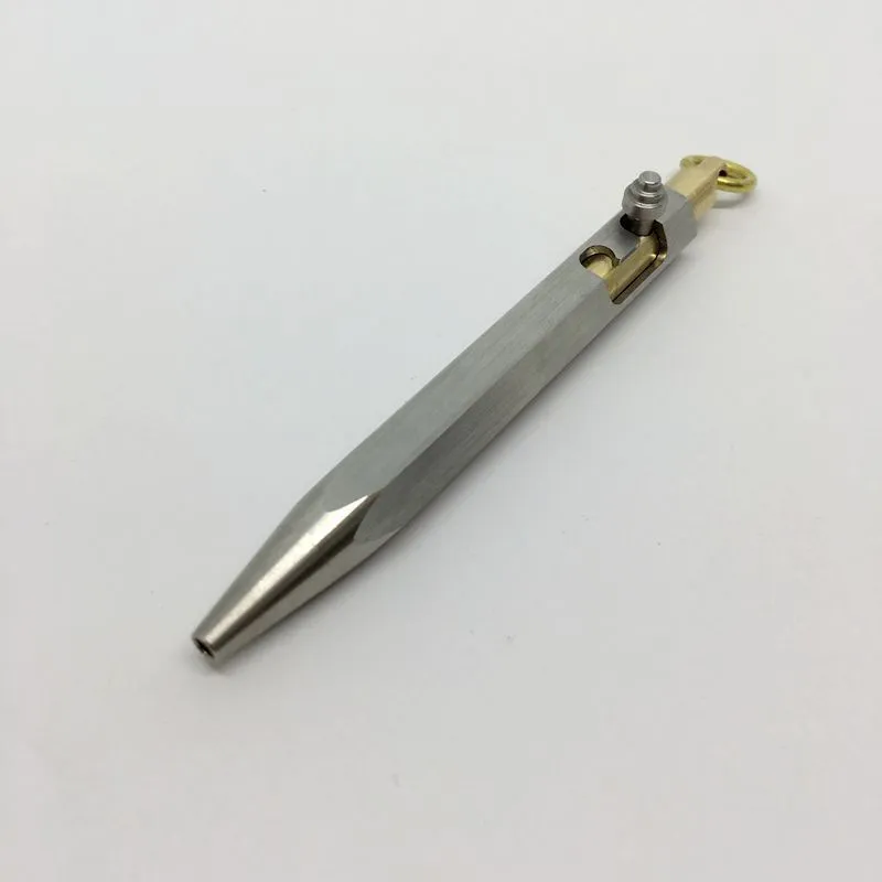 Six-sided stainless steel brass push pen with keychain attachment shown in assorted colours