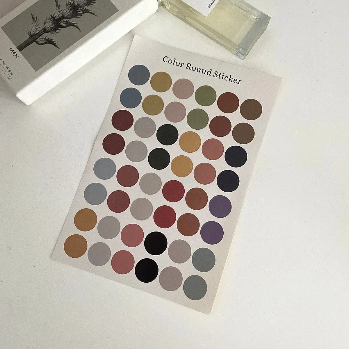 Morandi earth colour polka dot hand account seal stickers, 48 circular 2cm decorations on 16x24.5cm sheet