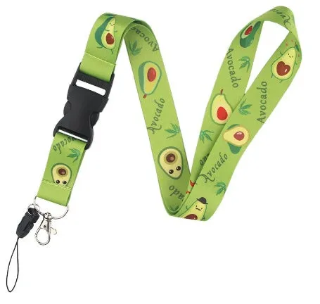 Cartoon avocado fruit printed polyester mobile phone lanyard with adjustable buckle
