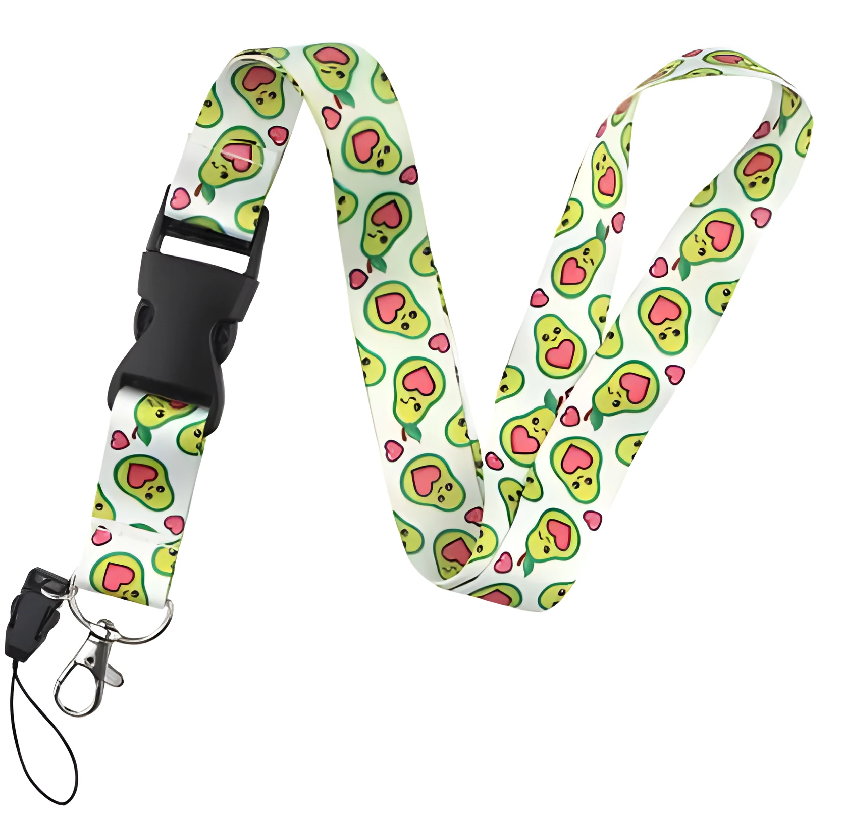 Cartoon avocado fruit printed polyester mobile phone lanyard with adjustable buckle