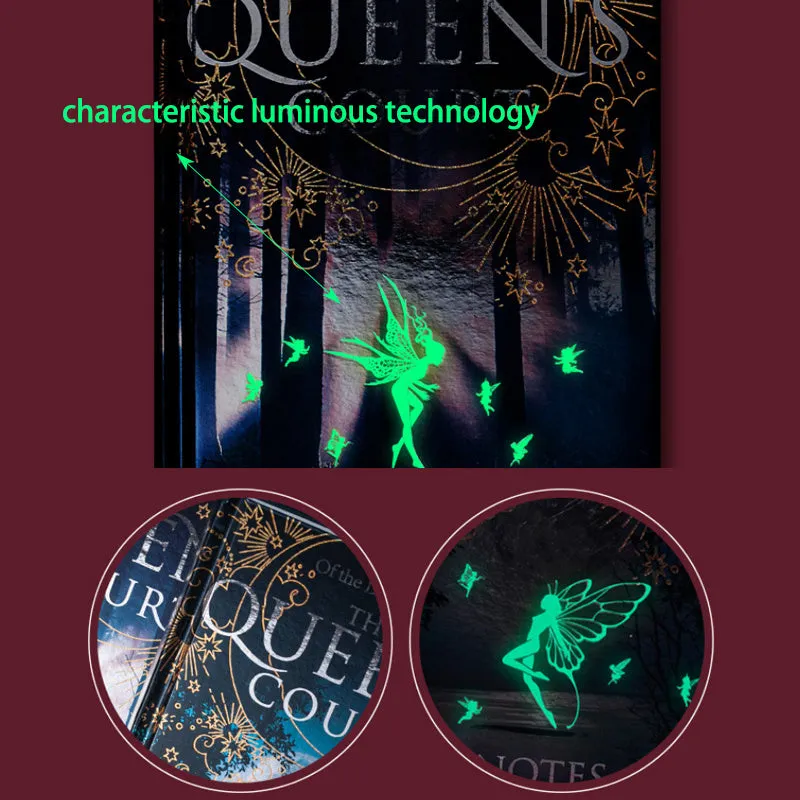 Blue luminous hardcover A5 notebook open to show full-colour Night Elves illustrated pages.