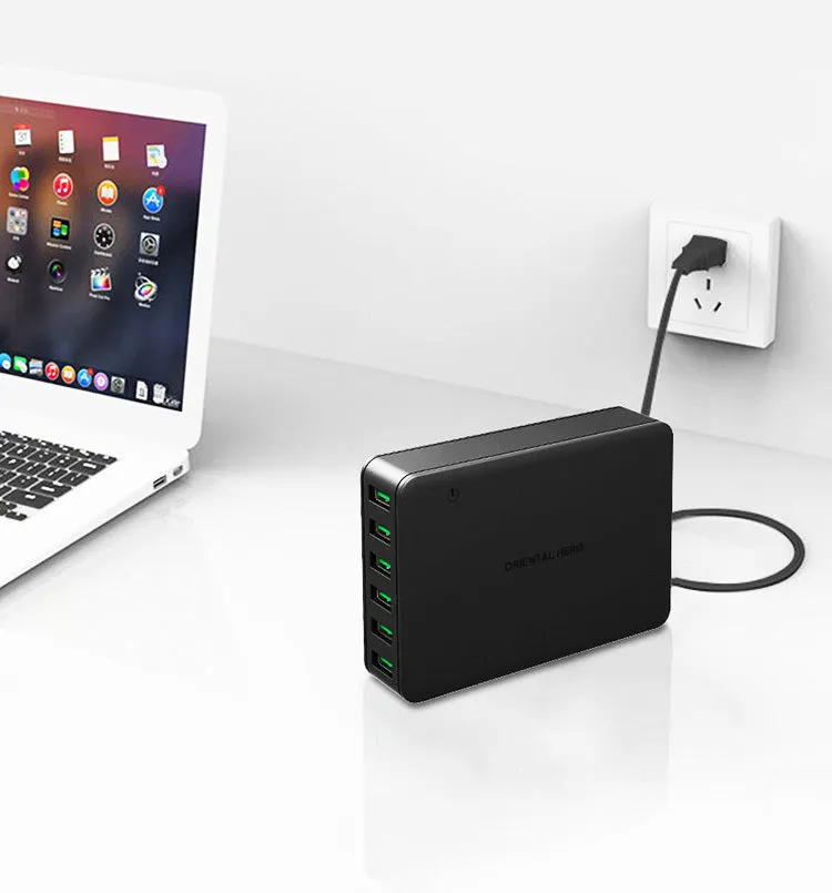 Black and white 60W desktop fast charger with USB port and power indicator