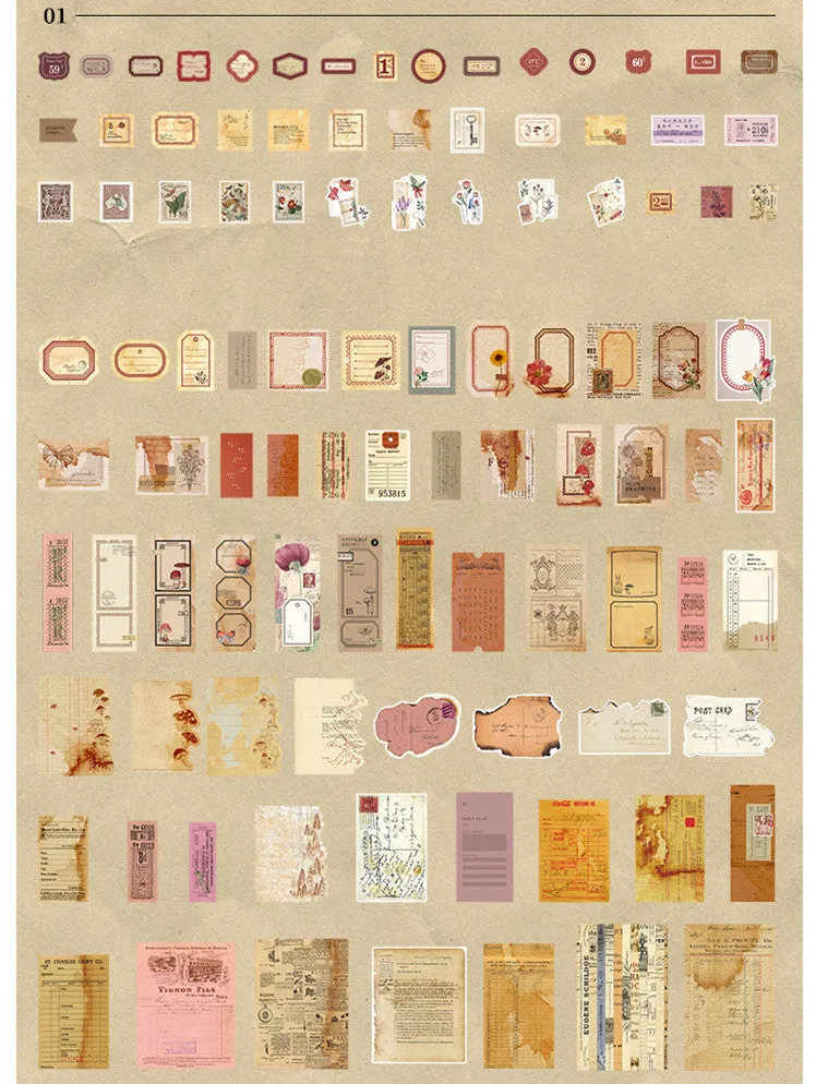 Retro literary hand account DIY material stickers, 200 sheets in four styles, Japanese paper, 120x157mm, in OPP bag