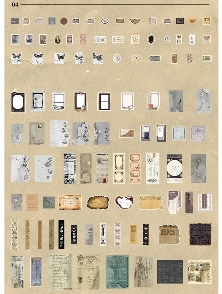 Retro literary hand account DIY material stickers, 200 sheets in four styles, Japanese paper, 120x157mm, in OPP bag