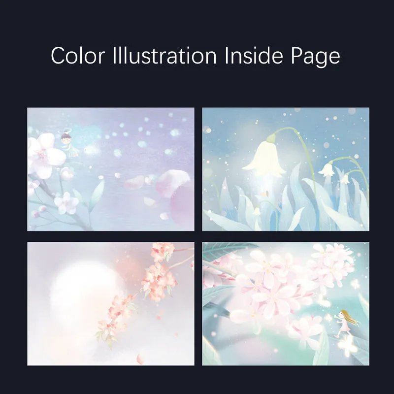 A5 notebook with luminous cover and silver foiling, open to show pages with colour illustrations.