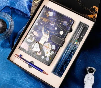 Galaxy dream notebook with cute cartoon astronaut cover, wireless binding, 80gsm paper, and gift box
