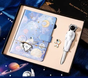 Galaxy dream notebook with cute cartoon astronaut cover, wireless binding, 80gsm paper, and gift box