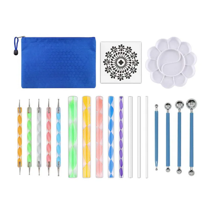 Pottery tool set with acrylic, stainless steel, and plastic tools packed in a blue pen bag.