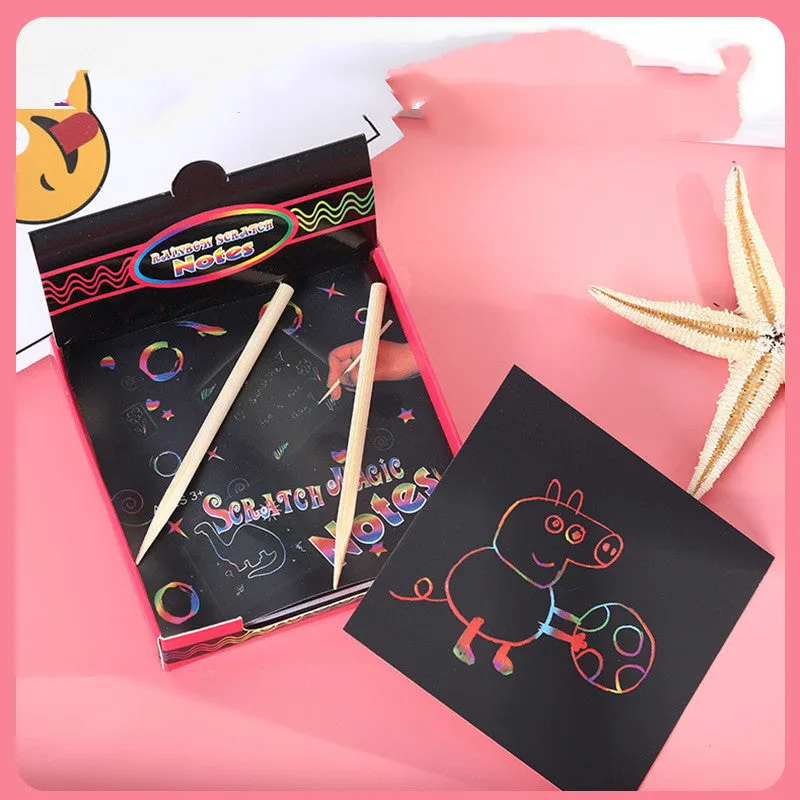 Trumpet scratch painting kit with colourful paper cards in 8.8cm colour box