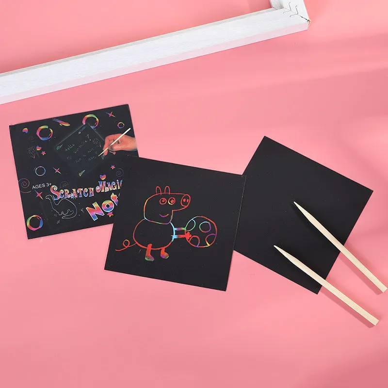 Trumpet scratch painting kit with colourful paper cards in 8.8cm colour box