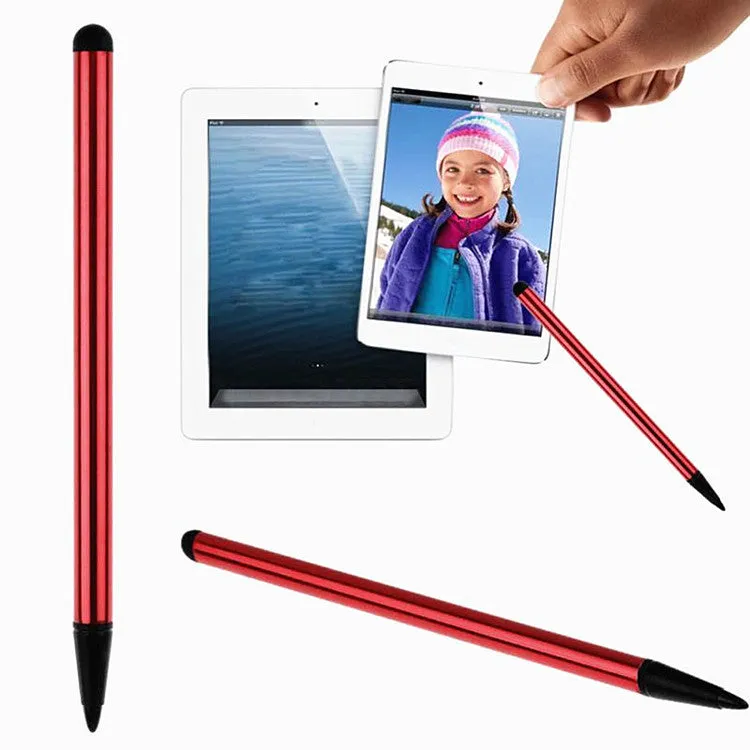 Silver, black, and red dual-tip touch screen pen for mobile phones measuring 12cm long