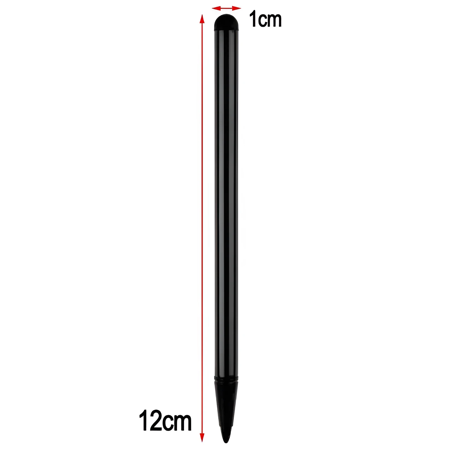 Silver, black, and red dual-tip touch screen pen for mobile phones measuring 12cm long