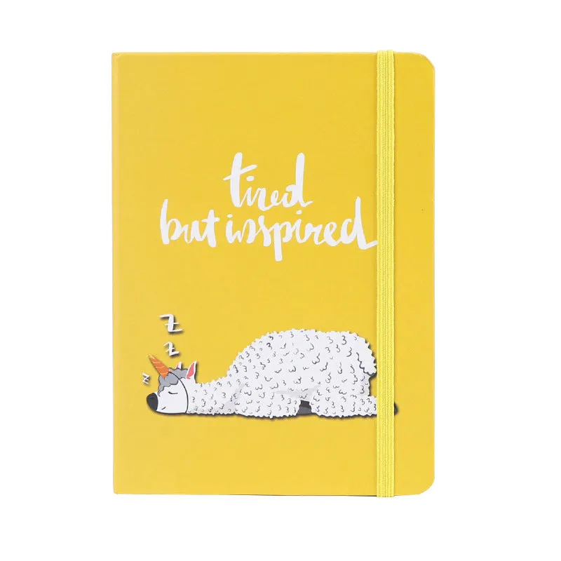 Alpaca cartoon notepad showing A5, A6, A7 sizes with yellow paper pages and mixed colour cover options.