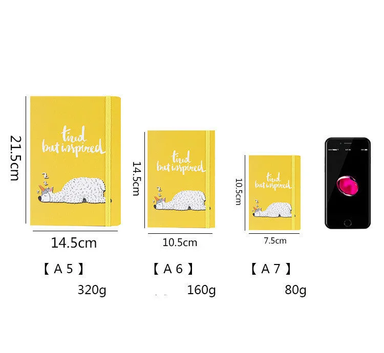 Alpaca cartoon notepad showing A5, A6, A7 sizes with yellow paper pages and mixed colour cover options.