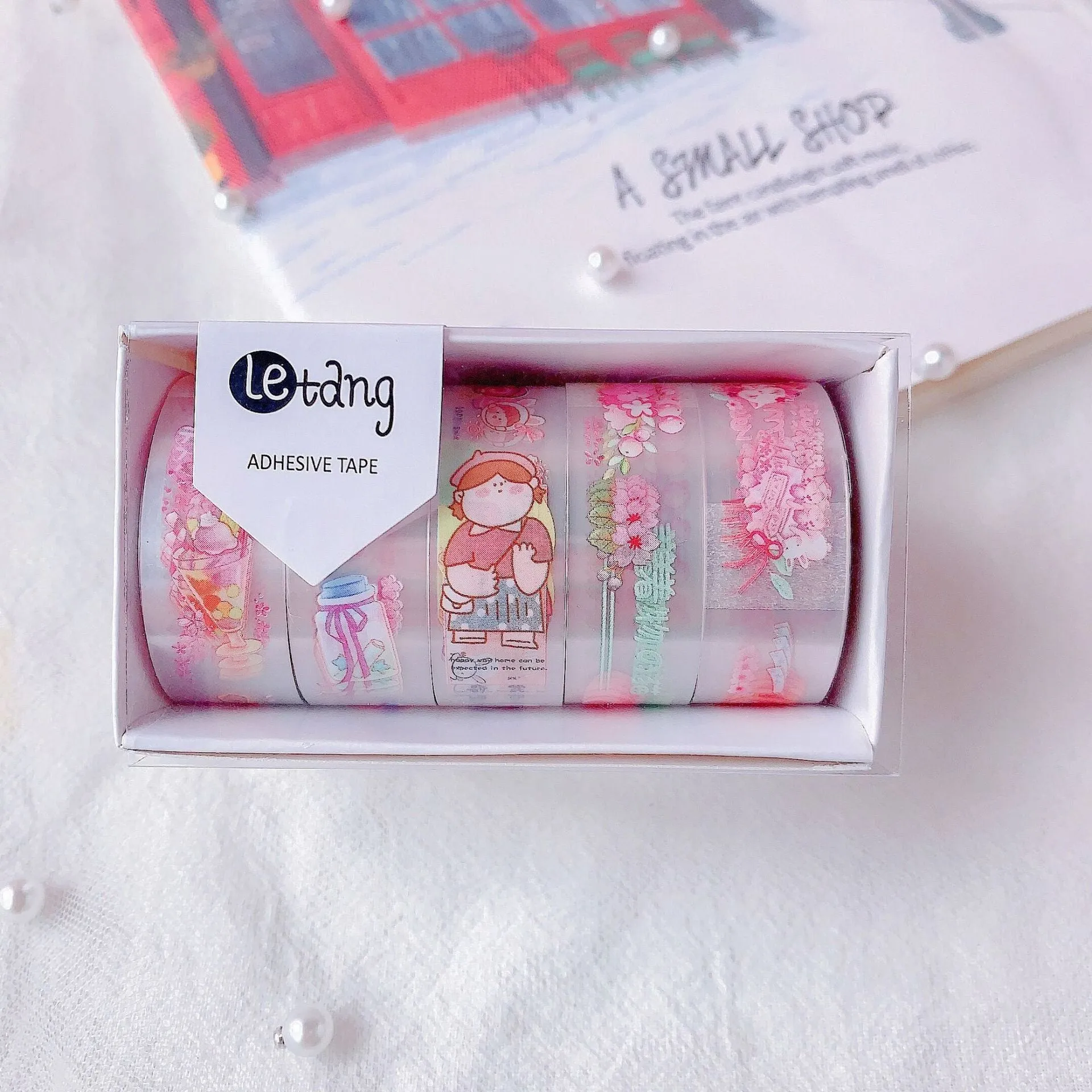 Cartoon aesthetic washi tape stickers featuring dinosaur, duck, cat, and rabbit designs for creative hand account journaling