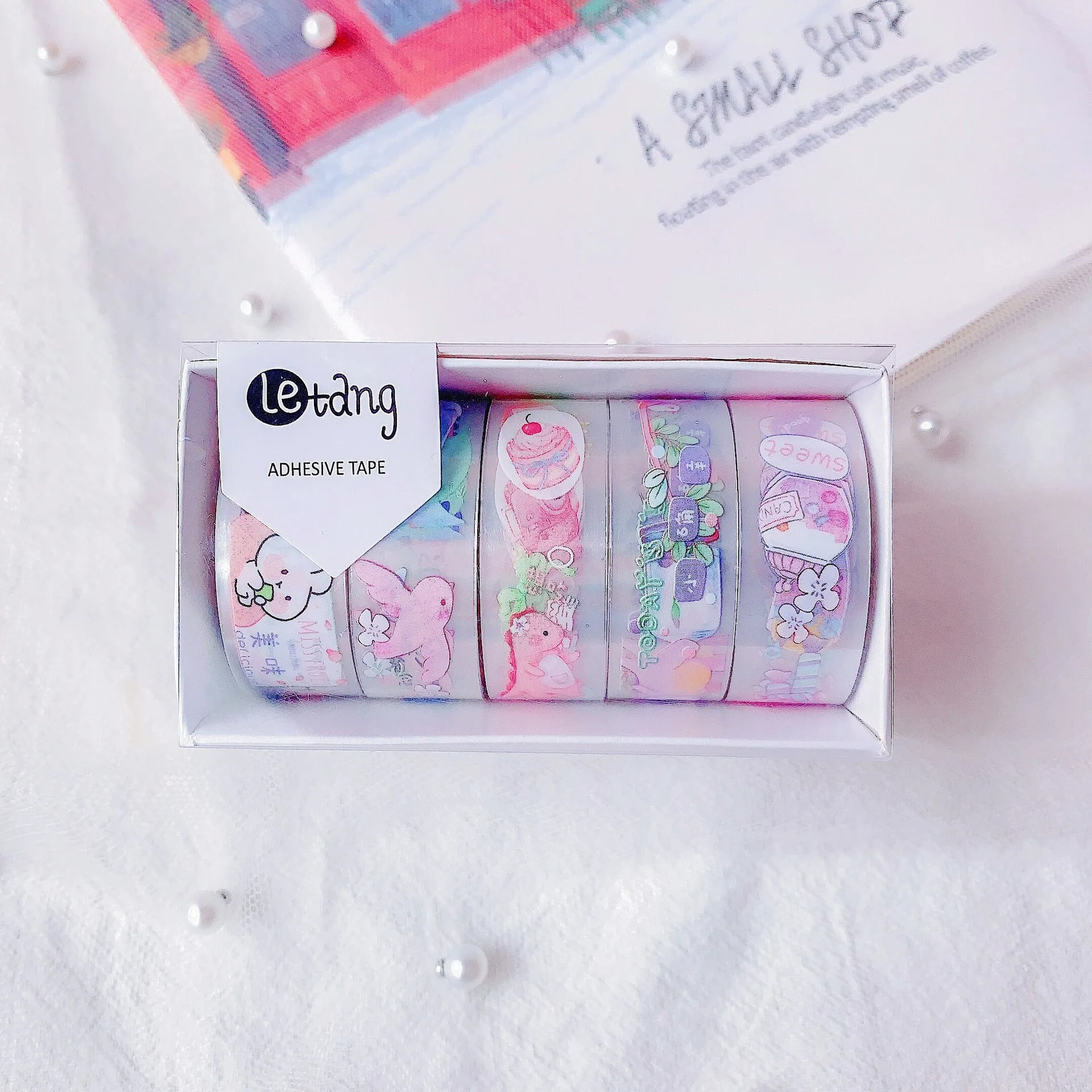 Cartoon aesthetic washi tape stickers featuring dinosaur, duck, cat, and rabbit designs for creative hand account journaling