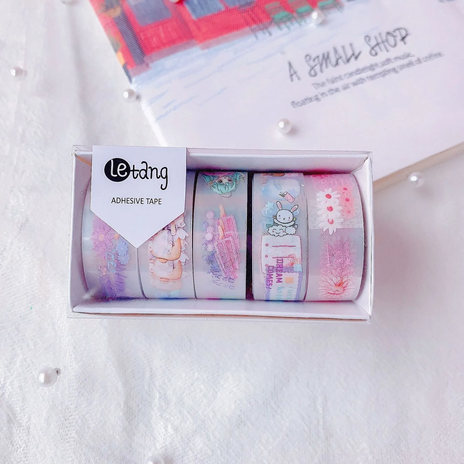 Cartoon aesthetic washi tape stickers featuring dinosaur, duck, cat, and rabbit designs for creative hand account journaling