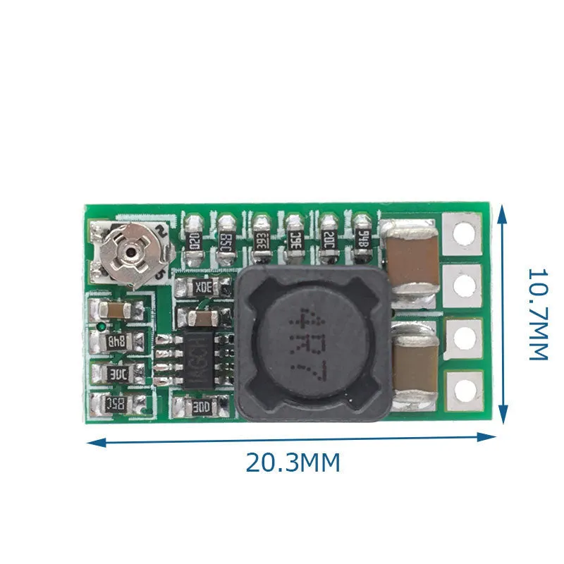 Green mini DC-DC buck converter module stepping 12-24V down to 5V 3A output.
