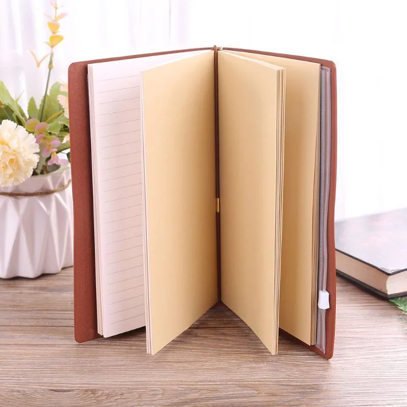 Leather hand ledger notebook with strap binding showing warm brown acid-free paper