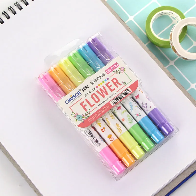 Set of six solid plastic highlighter marker pens with round tips, shown in fluorescent colour pack.